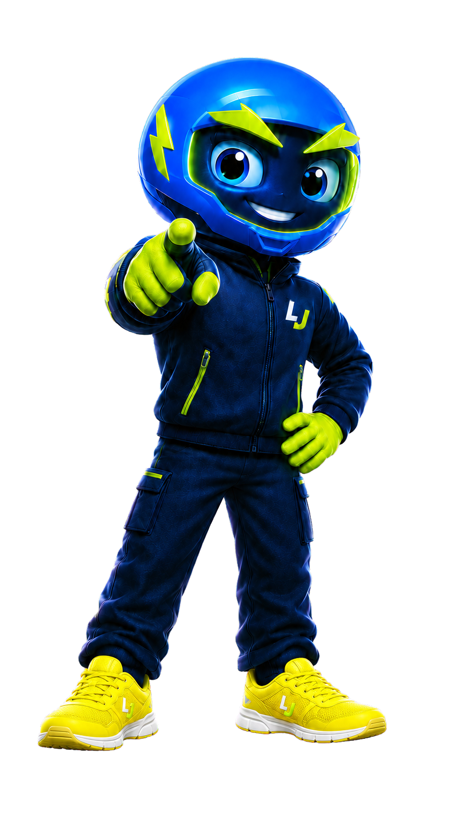 Mascote da Leva Já Pro com tênis amarelos apontando para o futuro entregador